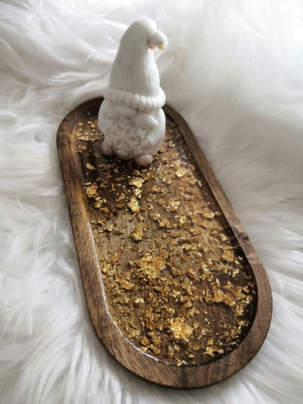 Vide-poche ovale bois & résine – Feuilles d’or incrustées