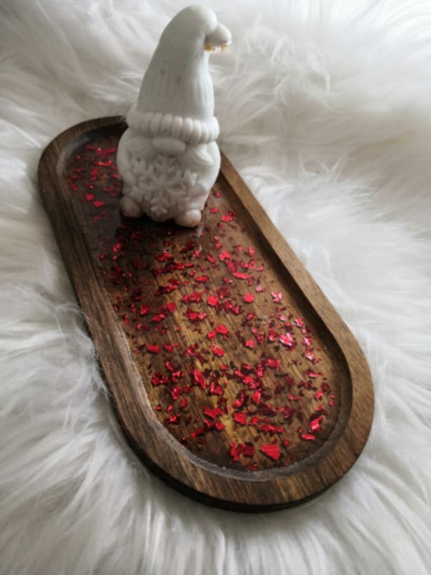 Vide-poche ovale bois & résine – Feuilles d’or incrustées